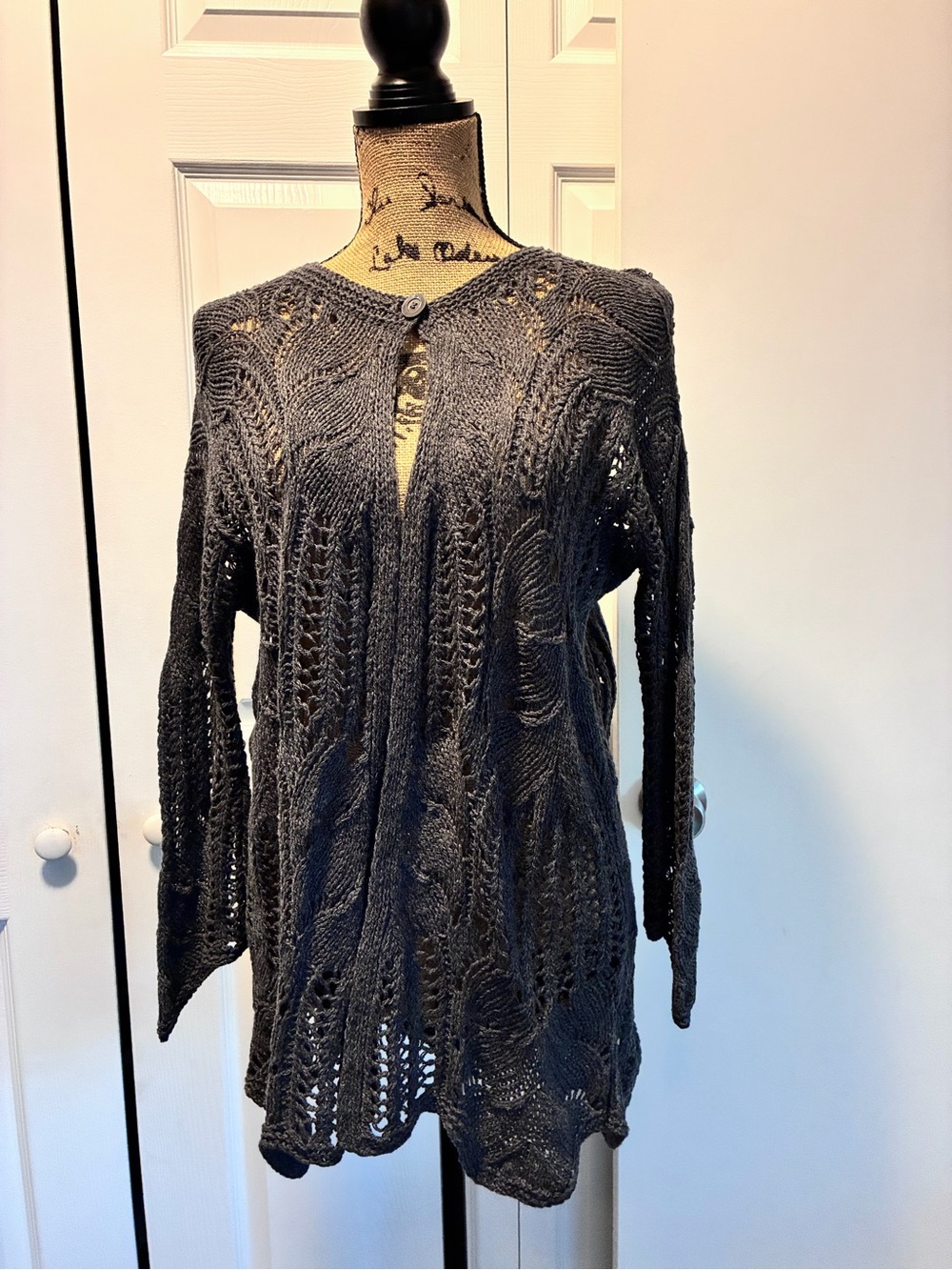 Dark Gray Openwork Knit Women's Sweater Cardigan